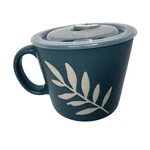 Boston Souper Mug With Lid, 24 Oz. Leaves Stoneware Microwaveable Bowl Teal Blue. Fixed Price $12.99.