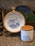 French Country Bowl Crock Set Fabriqu France Blue Farm Scene Rustic Pottery. Fixed Price $34.99.
