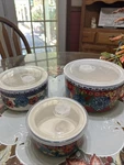 3 The Pioneer Woman Round Ceramic Nesting Bowls With Lids. Fixed Price $23.38.