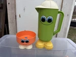 Vintage Deka Footsie Tootsie Smiley Face Green Plastic Pitcher 70S And Bowl Lot. Fixed Price $45.00.