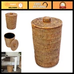Kouboo Rattan Round Waste Basket With Lid, 2 Gallon, Honey Brown. Fixed Price $129.99.