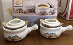 2 Piece Onion Soup Bowl Set Lids Stoneware Fruit Theme. Fixed Price $30.00.