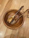 Vintage Enrico Rootworks Wood Salad Bowl Set Hand Carved Twisted Utensils 3PC. Fixed Price $55.00.