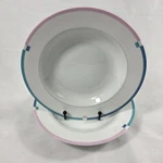 Two Mikasa Jet Set Rim Soup Bowls White With Pink Blue & Teal Bands On L5543. Fixed Price $19.95.