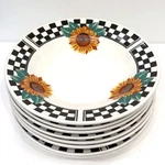 8 Sunny By Tabletops Unlimited, Soup Bowls, 9 Sunflowers Checkered Rim 2061. Fixed Price $49.95.