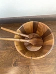 Pampered Chef Mcm Smooth Acacia Wood Salad Serving Fruit Bowl 10" Set. Fixed Price $28.00.