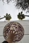 Hand Blown Splatter Swirl 16" Brown Purple White Spotted Fruit Bowl Centerpiece. Fixed Price $191.32.
