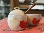 Anthropologie Red Tulips Tea One Cup Mug Sugar Bowl Lid Wooden Spoon Set. Fixed Price $15.00.