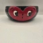 Johanna Parker Valentine Heart Face Ceramic Candy Bowl Polka Dot Black Transpac. Fixed Price $29.99.
