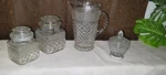 Anchor Hocking Wexford 64OZ Clear Glass Pitcher Sugar Bowl +(2) Canisters. Fixed Price $32.00.