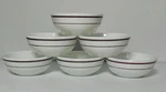 Vintage Pyrex Milk Glass Tableware Soup Bowls Burgundy Stripes Set Of 6 #705. Fixed Price $27.99.
