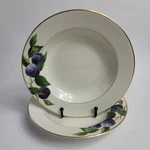 Two Mikasa L3132 Court Rim Soup Bowls White With Purple Plums Green Leaves. Fixed Price $19.95.