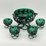 Green Glass Grape Vine Bowl Set Wrought Iron Holders 5 Pc. Fixed Price $44.99.