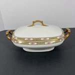 Antique Vignaud Limoges Oval Covered Vegetable Dish VIG7 Roses Gold Bamberger Nj. Fixed Price $49.60.