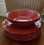New Le Cadeaux Antiqua Red 9" Melamine Salad Plates (6) & 7.5" Soup Bowls (2). Fixed Price $40.00.