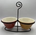 Tastefully Simple Ceramic Dip Bowl Set With Wrought Iron Caddy Scroll Design. Fixed Price $18.99.