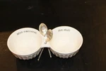 Mud Pie Salsa Double Dip Set Mild Mannered Hot Stuff Spoons White Ceramic New. Fixed Price $24.99.