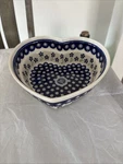 Big Boleslawiec Polish Pottery Heart Shaped Bowl Peacock Eyes With Blue Flowers. Fixed Price $25.00.