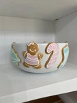 St. Nicholas Square Pink Pastel & White Decorative Ceramic Bowl With Gingerbread. Fixed Price $40.00.