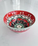 Vintage Anthropologie Footed Bowl Red Teal Elka Ayaka Floral Pedestal Cereal. Fixed Price $28.00.