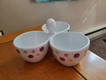 Pampered Chef Simple Additions Polka Dot 3-SECTION Bowl Condiment Dish Nuts Dip. Fixed Price $12.99.