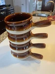 Set Of 4 Chefs Handled French Onion Crocks/bowls Stoneware Pottery Brown Tan 5". Fixed Price $24.99.