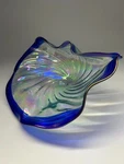 Art Glass Shell Bowl Crystal Blue Iridized Rim 14.5" By 11.5" Sig Goodman 95. Fixed Price $75.00.