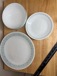 Corelle Teal Geometric Dinnerware Lot 11 Pc Bowls Plates Set Usa Vintage Kitchen. Fixed Price $37.98.