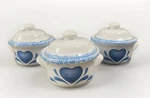 4- Blue Heart Spongeware Soup Bowls Stoneware Crocks W/ Lids Set Of Cottage. Fixed Price $26.95.