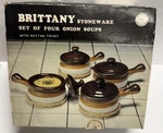 Brittany Stoneware Set Of Four Onion Soups Eith Rsttan Trivet Vintage. Fixed Price $18.00.