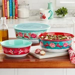 The Pioneer Woman Festive Forest Melamine Serving Bowl Set With Lids 6 Pcs. Fixed Price $37.99.