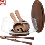 Elegant Salad Bowl Set W/ Acacia Base Utensils Borosilicate Glass Easy Clean New. Fixed Price $77.96.