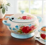 The Pioneer Woman Sweet Rose Turquoise 3.17-QUART Soup Tureen With Ladle. Fixed Price $89.00.