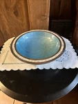 Julia Knight Bowl Sky Blue Enamel Thumbprint Mother Of Pearl Rim Inlay Signed. Fixed Price $88.50.
