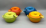 4 Tabletops Gallery Ombre Stoneware Soup Bowls With Lids And Matching Spoons. Fixed Price $40.00.