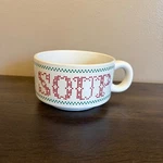 Vintage Houston Foods Co Soup Mug White Red Green Dotted Stoneware Bowl T.95. Fixed Price $18.00.