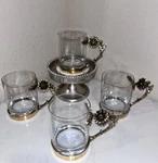 4-NWT Antique Gold Sunflower Bee Design Rhinestone Bling Glass Mugs. Fixed Price $89.00.