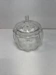 Clear Glass Pumpkin Lidded Candy Dish Cookie Jar Holiday Thanksgiving 7" Euc. Fixed Price $29.99.