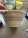 Vintage Mccoy Pottery #10 Large Oven Ware Mixing Bowl Pink Blue Stripe Usa 10". Fixed Price $32.00.
