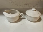 Vintage Pfaltzgraff Glazed Stoneware Sugar Bowl And Creamer Set - Acadia White. Fixed Price $15.99.