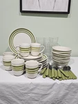 Vtg Mainstays Olive Green Striped Dinnerware, Flatware And Glasses. Fixed Price $20.00.