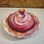 Imperial Satin Slag Glass Covered Dish Bowl With Leaf Pattern On Lid & Rim. Fixed Price $36.00.