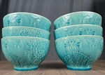 6X Roscher Pomegranate 6.5" Round Bowls, Blue Turquoise Crackle Glaze Stoneware. Fixed Price $59.00.
