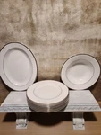 Mikasa Cameo Platinum HK301 Serving Platter, Bowl, & Seven 10.75" Dinner Plates. Fixed Price $150.00.