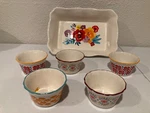 Pioneer Woman Floral Flea Market 7OZ Ramekins Set Of 5 Scalloped Edge W/ Dish. Fixed Price $42.99.