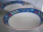 Christopher Stuart Barbados HK102 Coupe Soup Bowls 8 1/4" Blue Trim Palm Trees. Fixed Price $38.99.