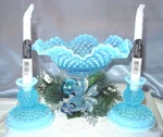 Fenton Glass"blue OPALESCENT"HOBNAIL"SRC11"BOWL-3PC"CONSOLE SET"MINT"VINTAGE"50S. Fixed Price $325.00.