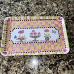 Mackenzie Childs Small Rectangular Plastic Tray Flowers Hearts Butterfly. Fixed Price $140.00.
