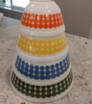 Vintage Pyrex Dot Mixing Bowl Set #401-#404. Fixed Price $499.00.