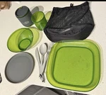 Camping 10PC Plastic Tableware Set Green/gray Plates Bowls Cups Cutlery Bag. Fixed Price $27.50.